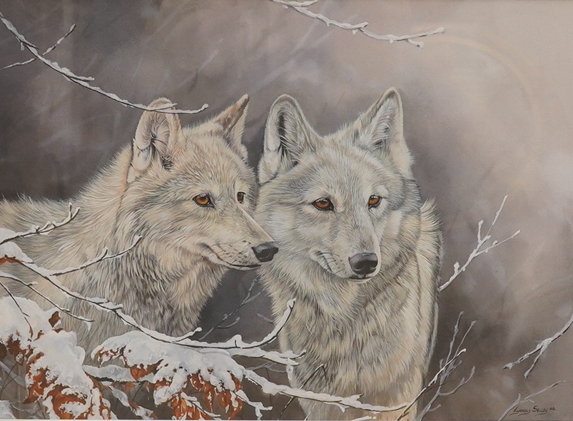 Lyndsey Selley (b.1967), watercolour and gouache, Study of two wolves in snow, signed and dated '06, 39 x 54cm. Condition - good